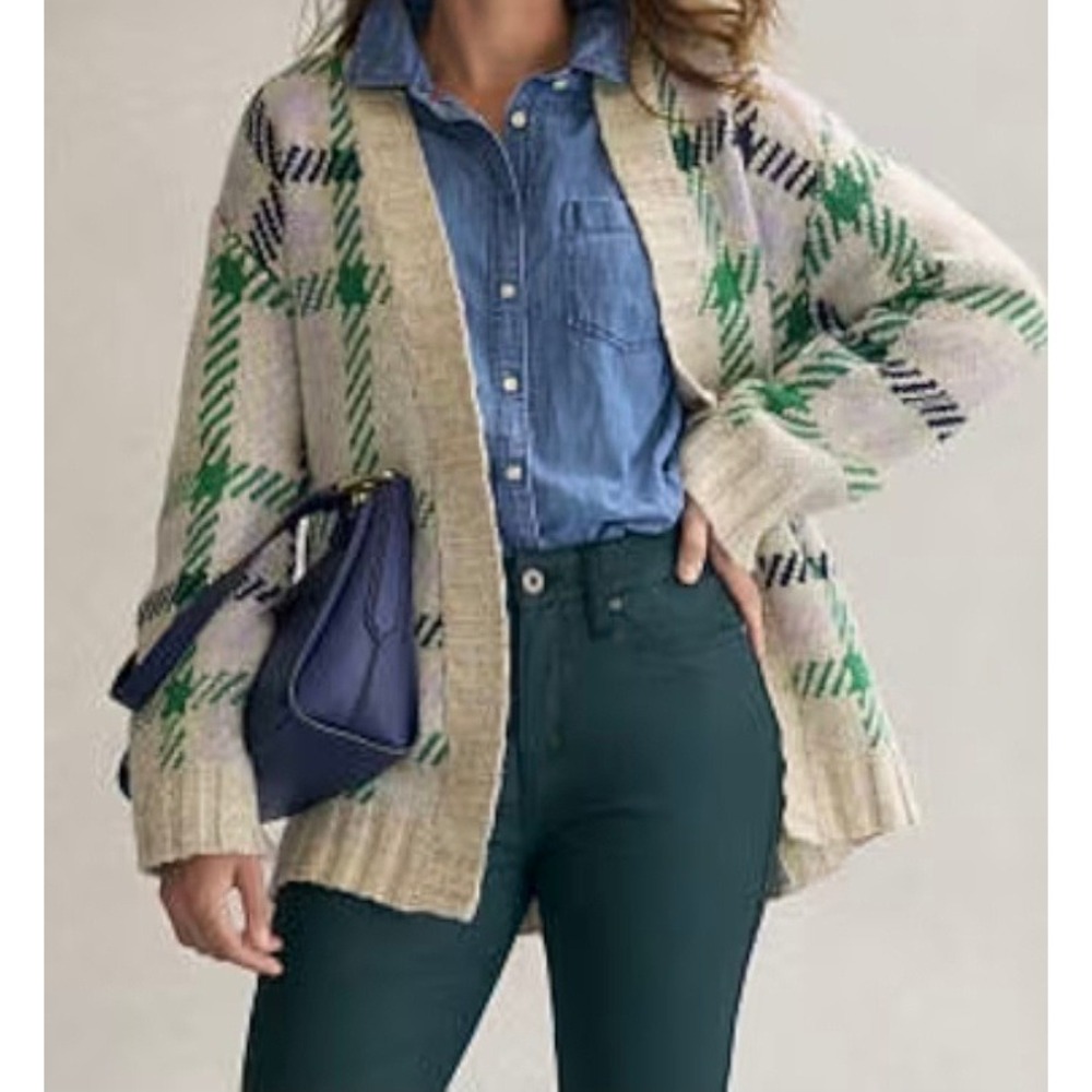 Womens Plaid Oversized Belted Cardigan Sweater Green Lavender Cozy Cabin Grandma